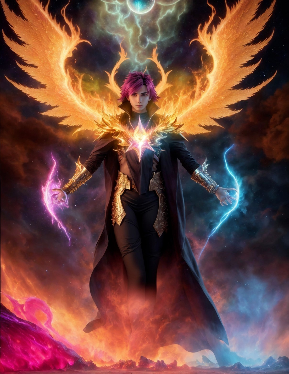 Cosmic Figure with Fire Wings and Energy Orbs