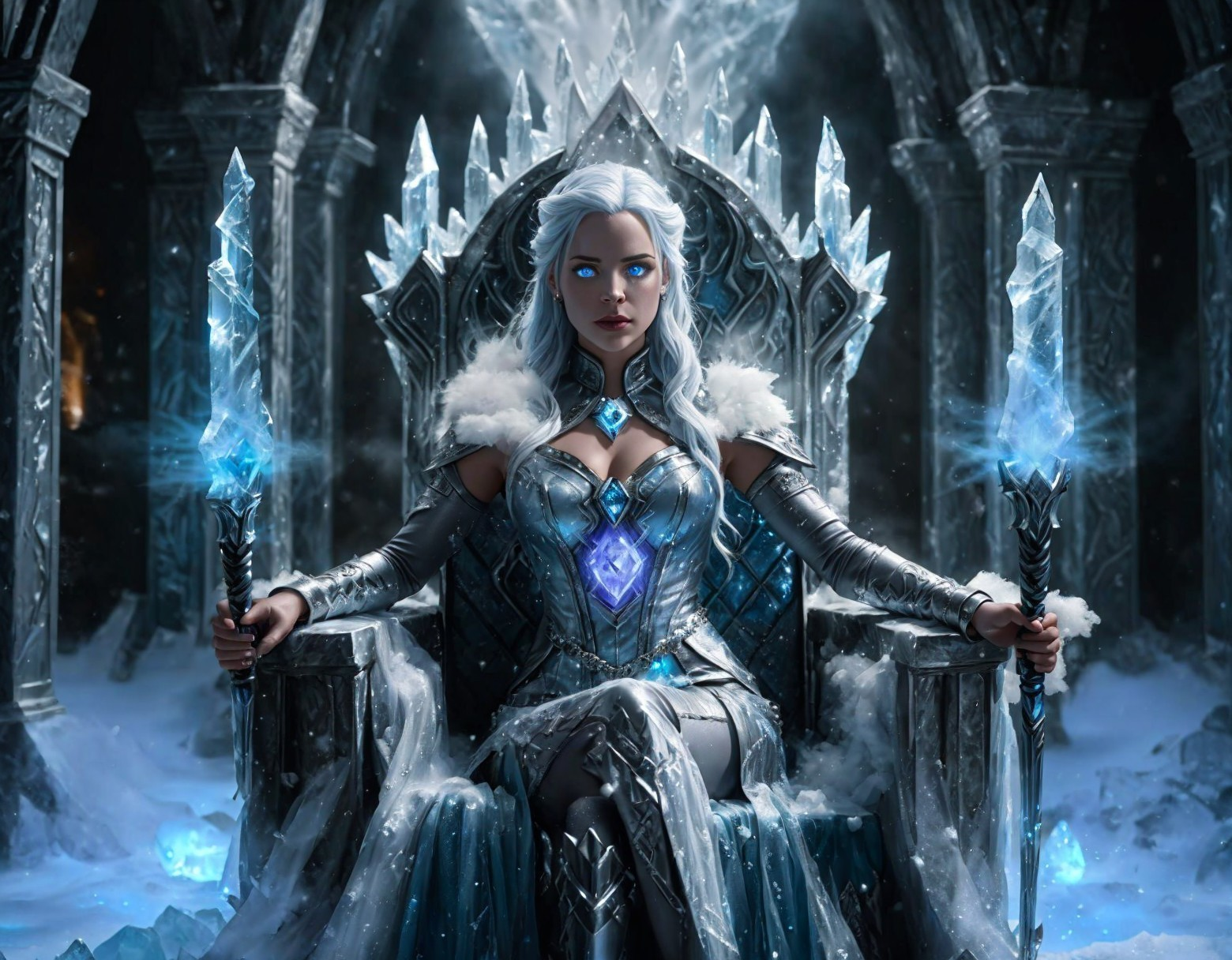 Regal figure on grand icy throne in winter realm