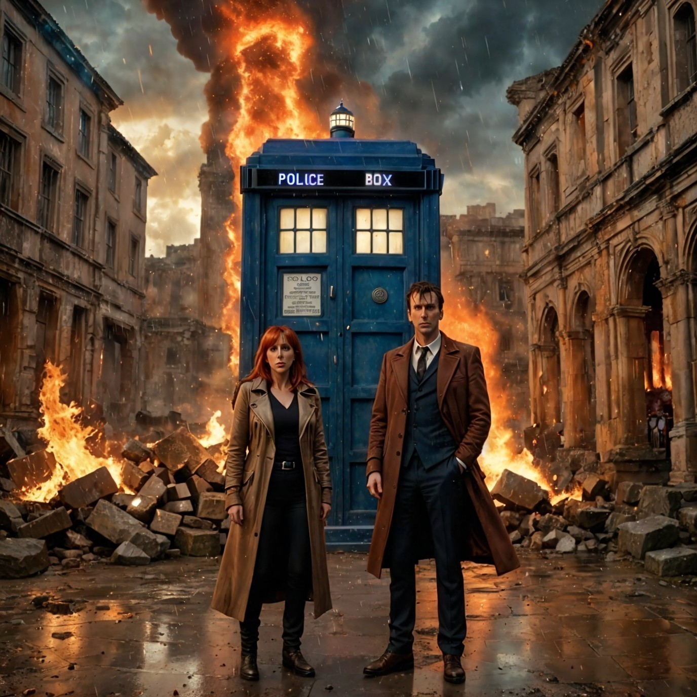 Police Box Amid Fiery Ruins with Resolute Figures