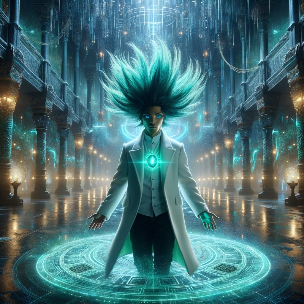 Vibrant Figure in Mystical Hall with Glowing Symbols