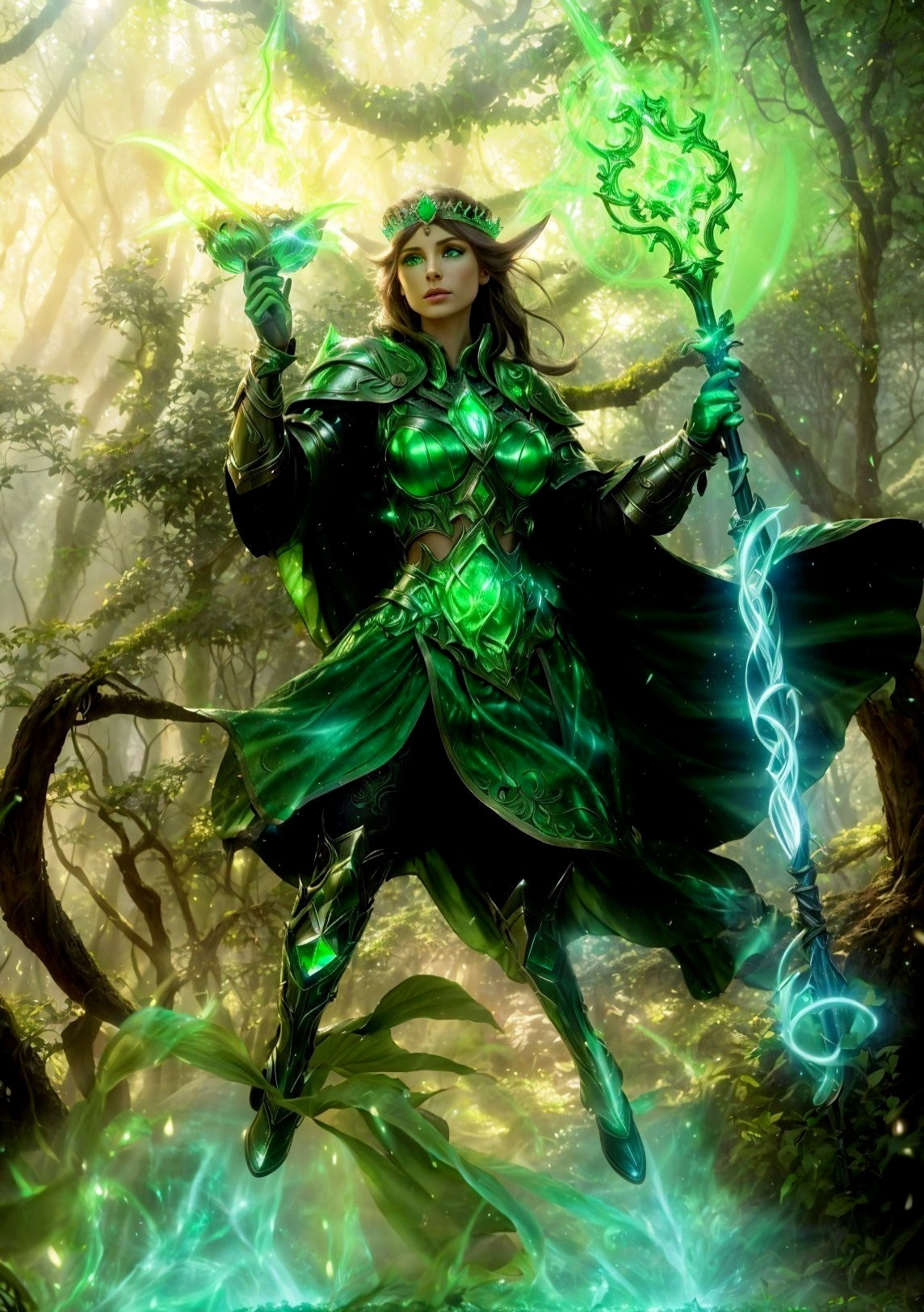 Majestic female figure in glowing green armor wields magical staves in mystical forest