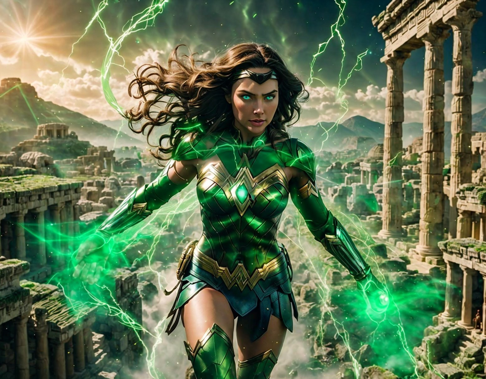 Superheroine in Green Armor Amidst Ancient Ruins