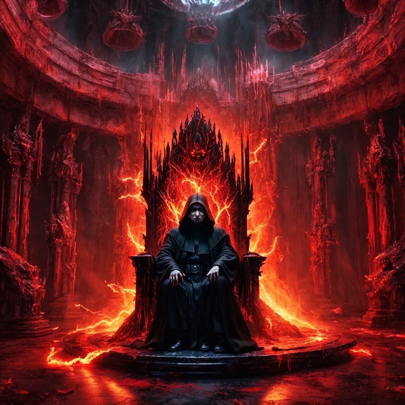 Dark Figure on Throne in Fiery Cavernous Chamber