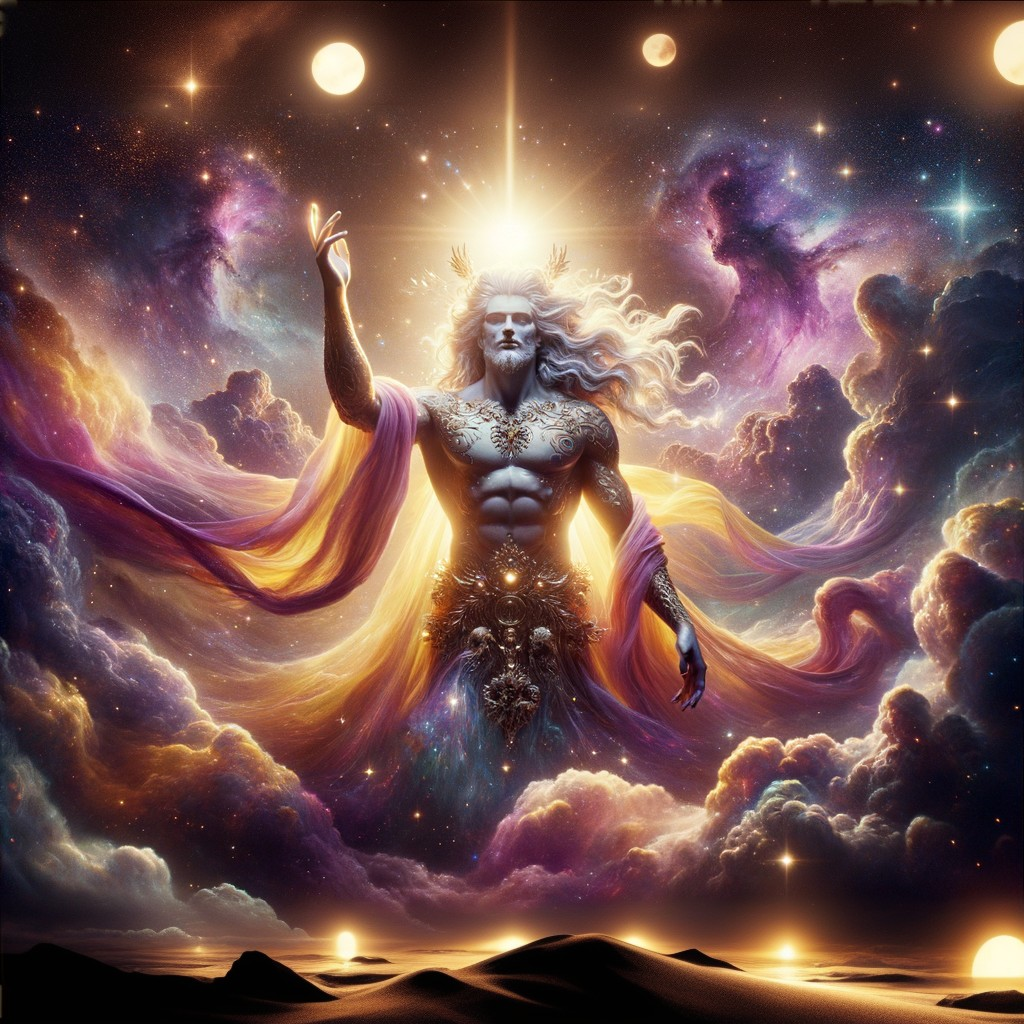 Celestial Figure Surrounded by Vibrant Cosmic Clouds