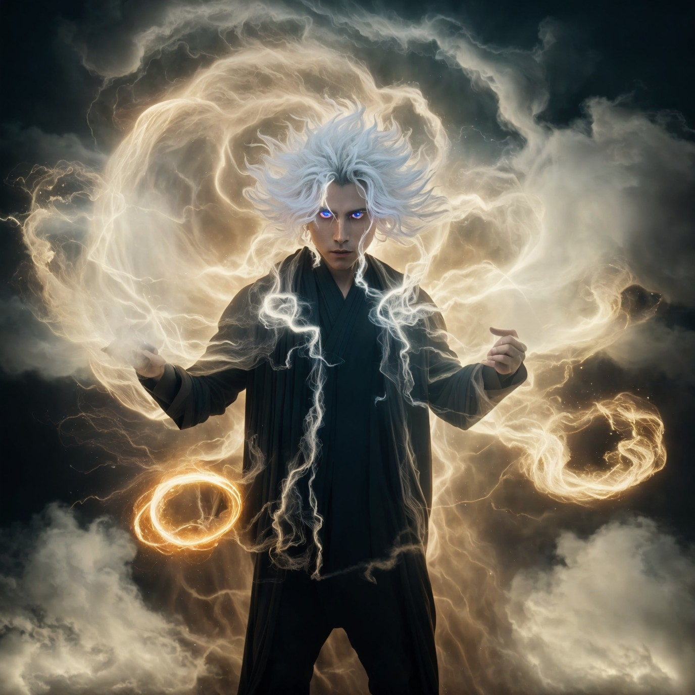 Figure with White Hair and Purple Eyes in Electric Energy