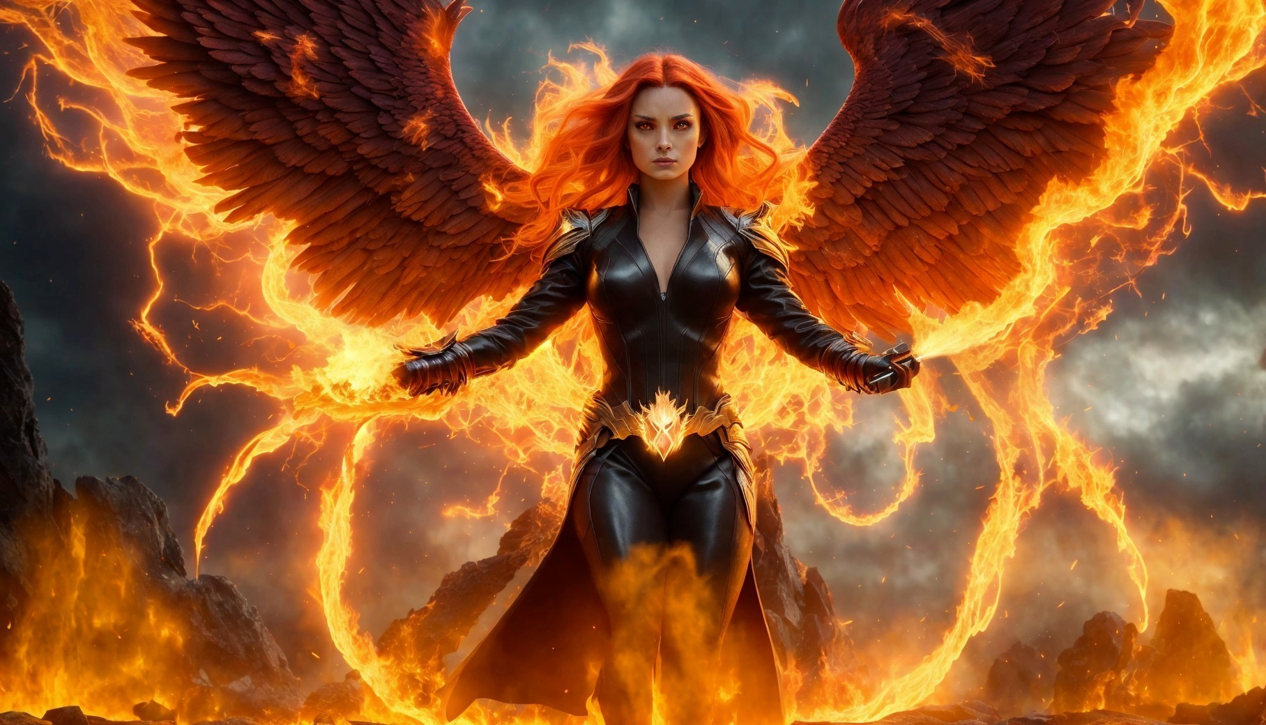 Red-haired woman with fiery wings in black outfit among volcanic rocks and lava