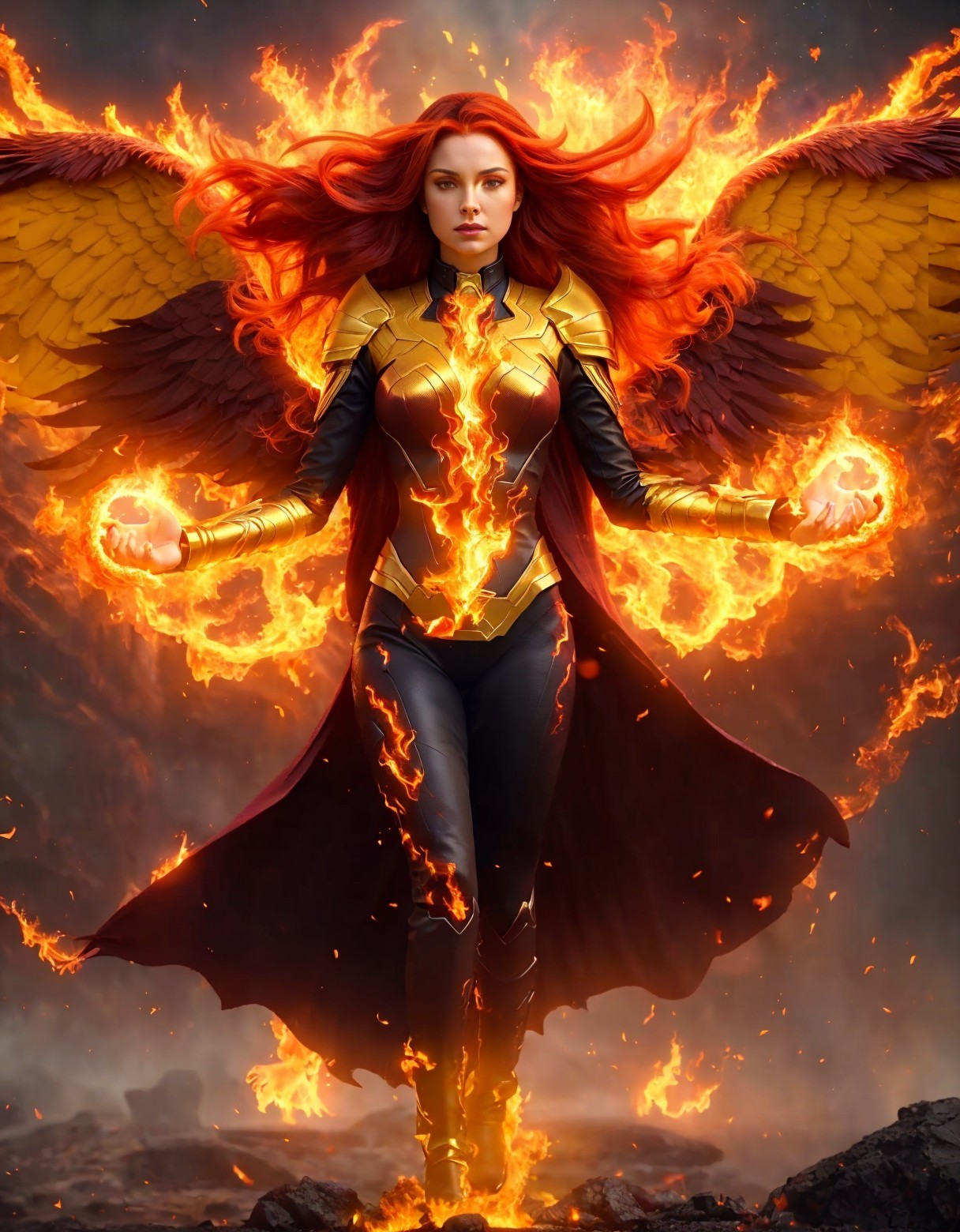 Fiery-winged superhero in glowing costume above rocky terrain