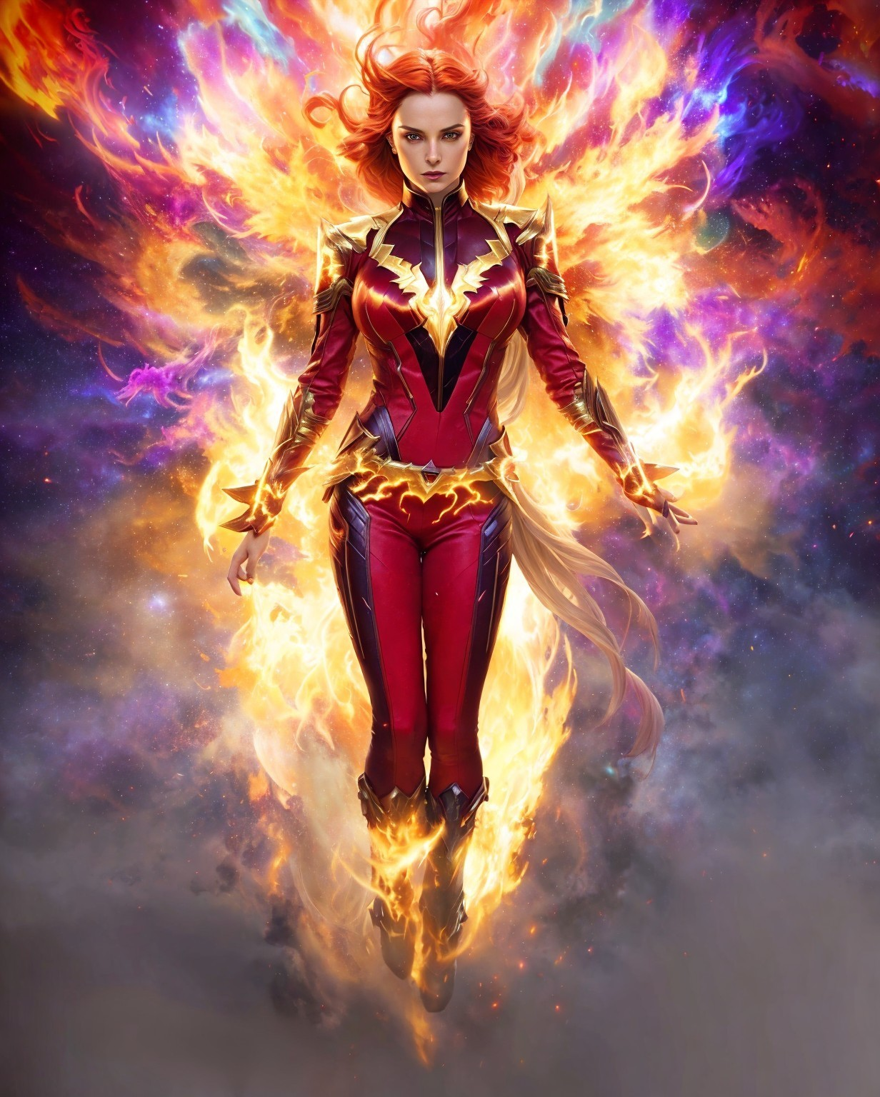 Superheroine in Fiery Costume Amidst Cosmic Backdrop