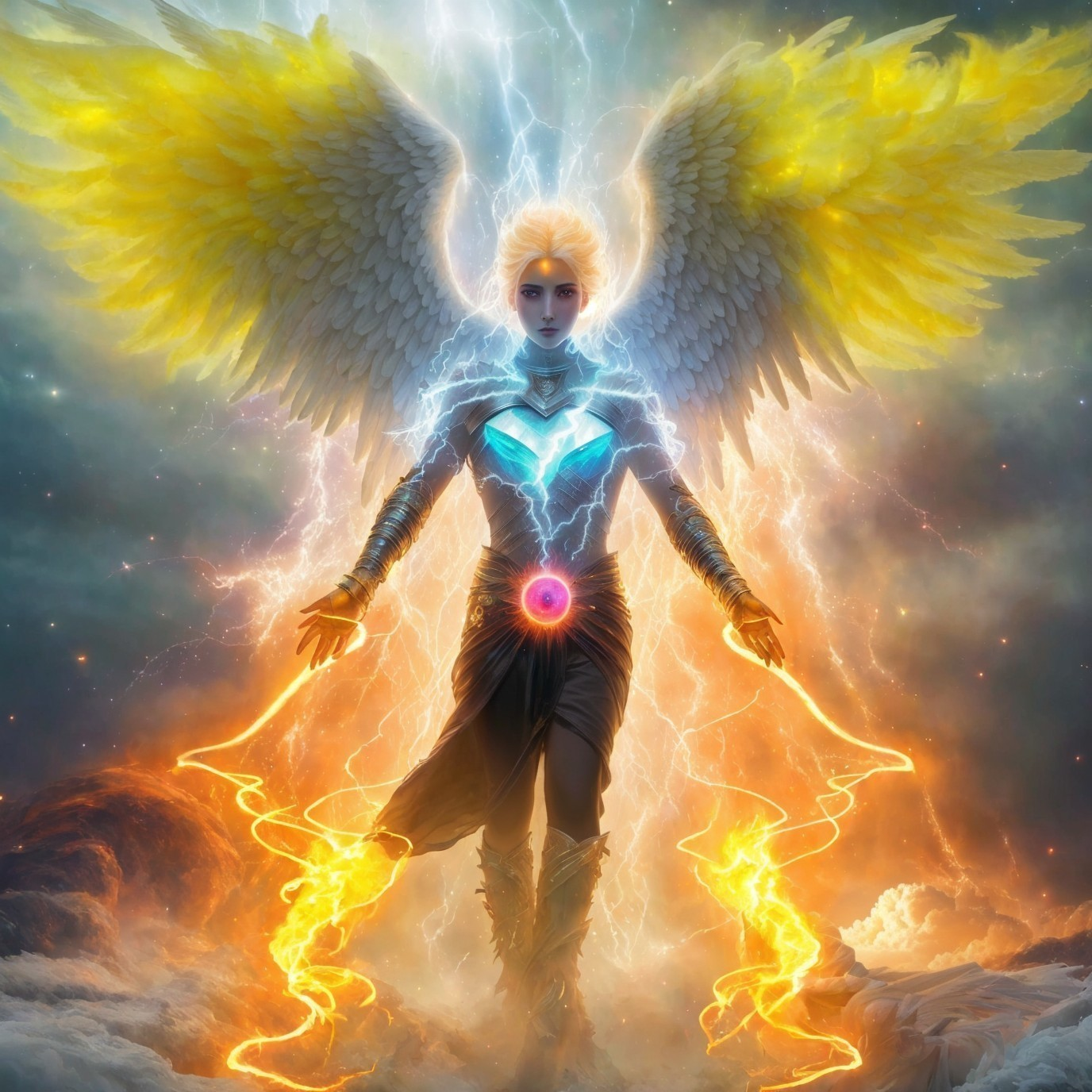 Angelic Figure with Golden Wings and Lightning in Clouds
