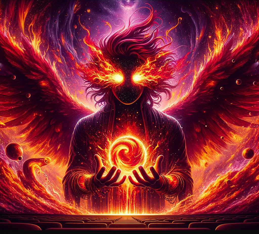 Cosmic Figure with Fiery Wings and Energy Orb