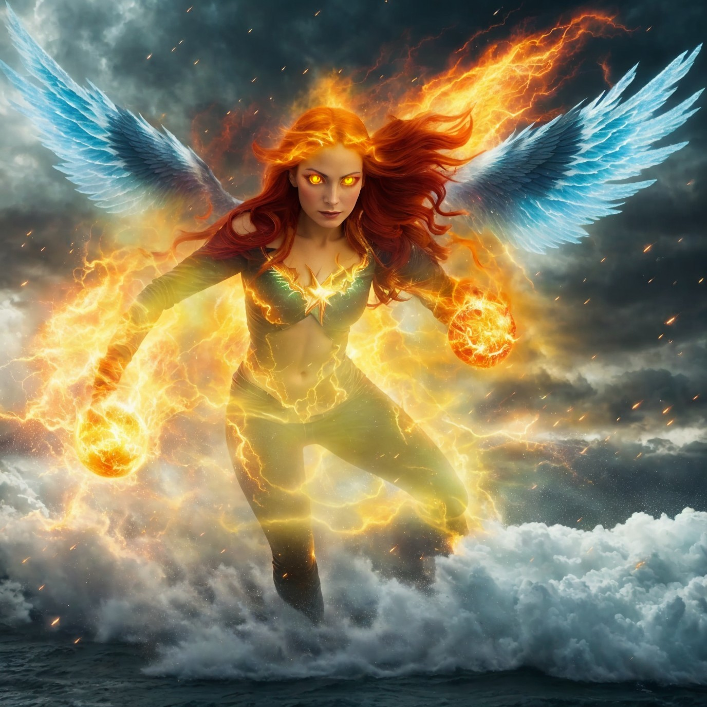 Powerful figure with fiery hair and majestic wings
