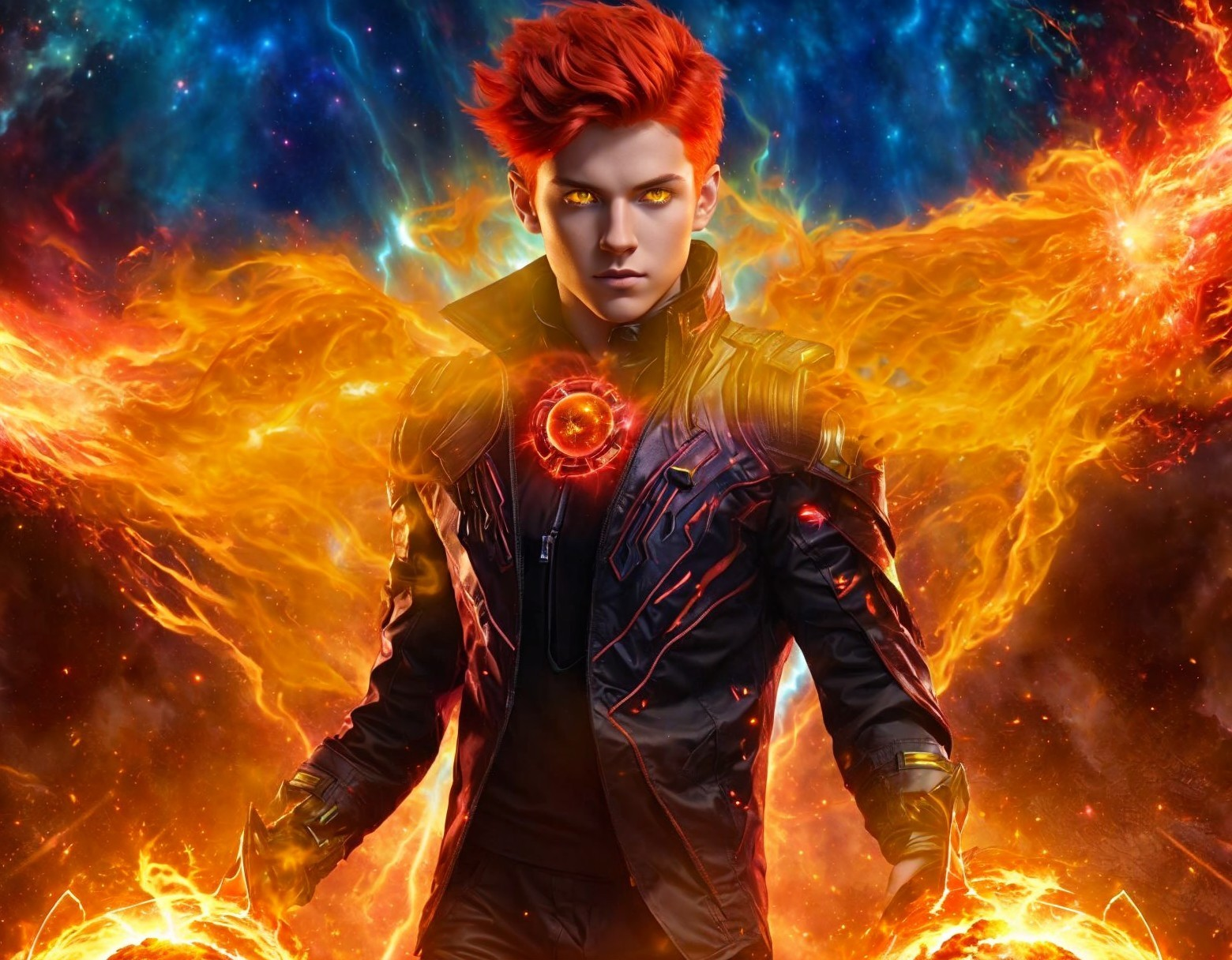 Character Surrounded by Flames and Cosmic Energy