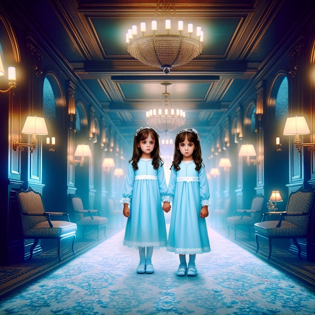 Identical Young Girls in Dimly Lit Hallway Setting