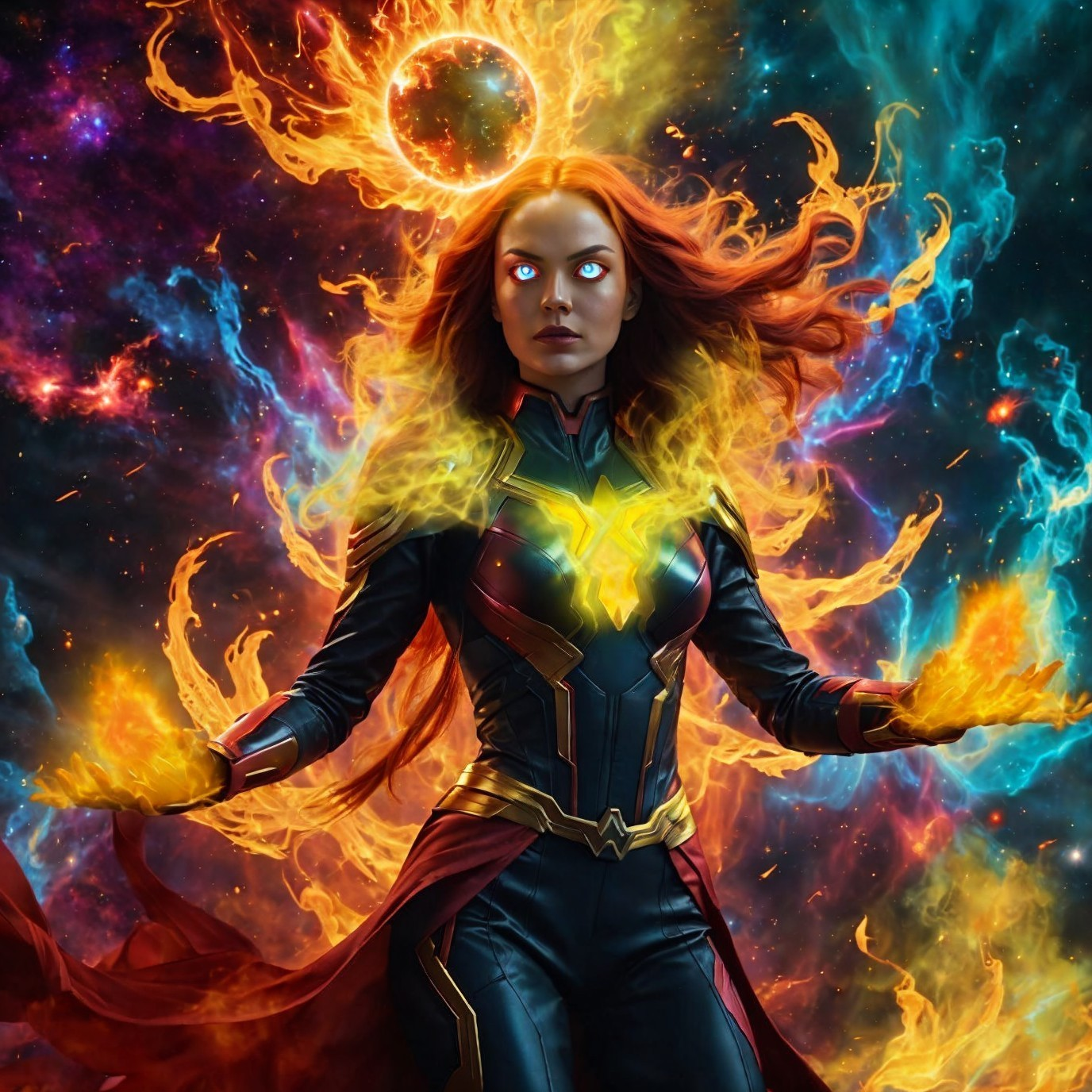 Powerful figure surrounded by flames and cosmic energy