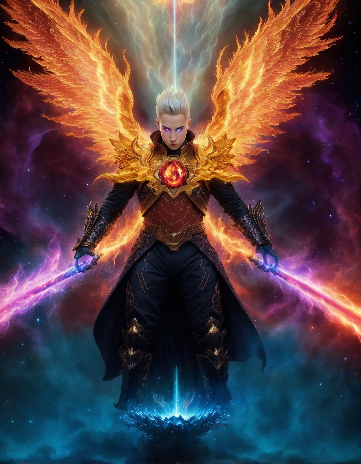 Mythical figure with swords in cosmic backdrop