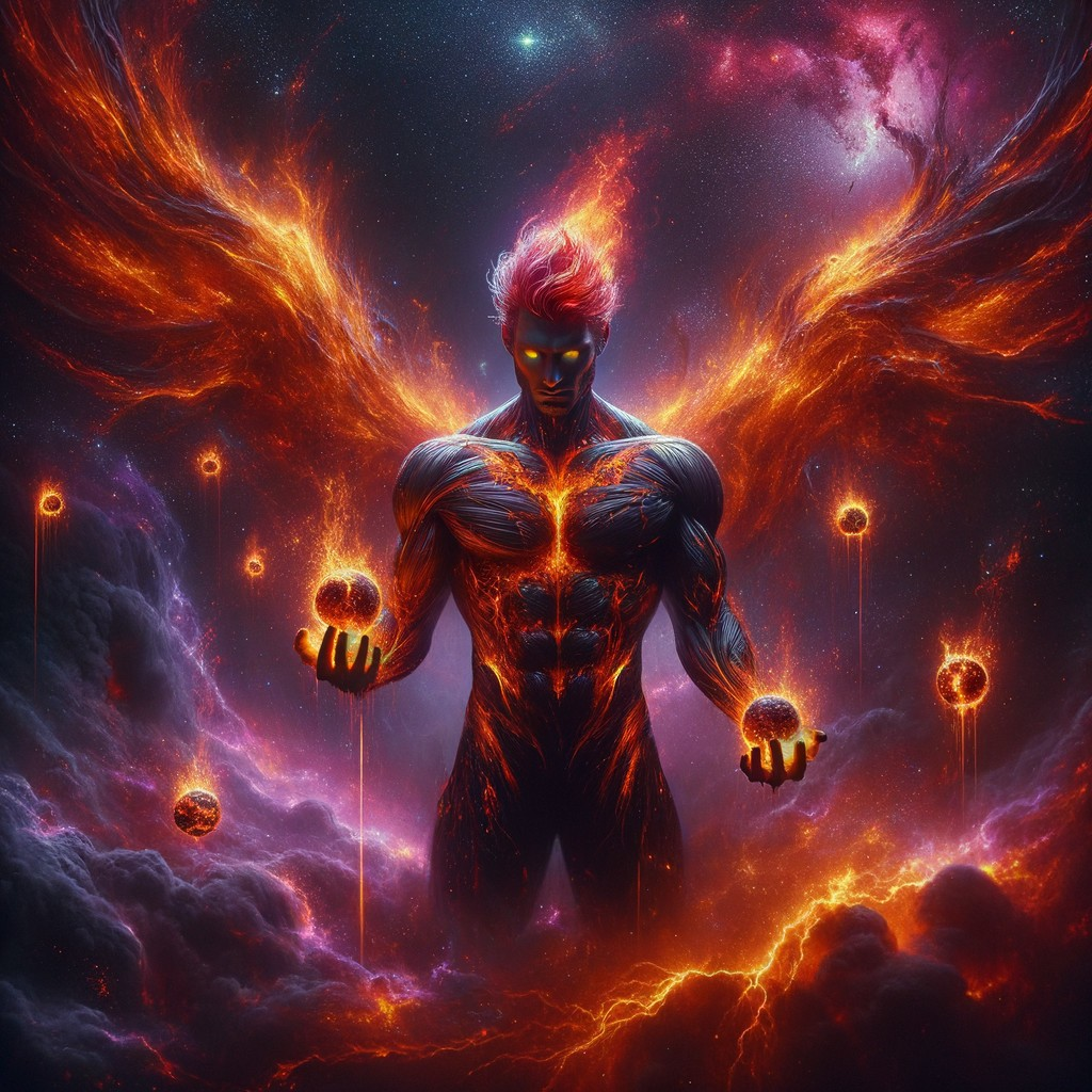 Cosmic Figure with Fiery Wings and Glowing Eyes