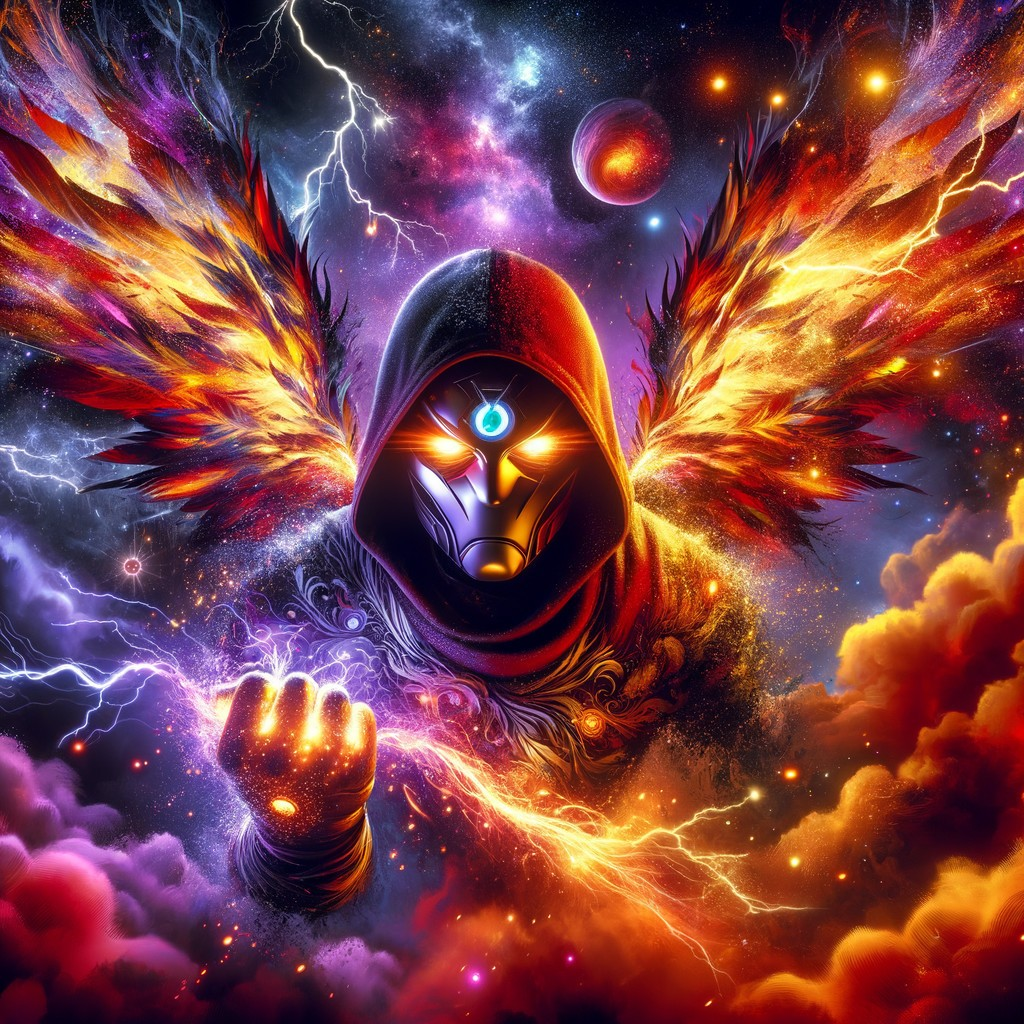 Mysterious figure in dark cloak with fiery wings