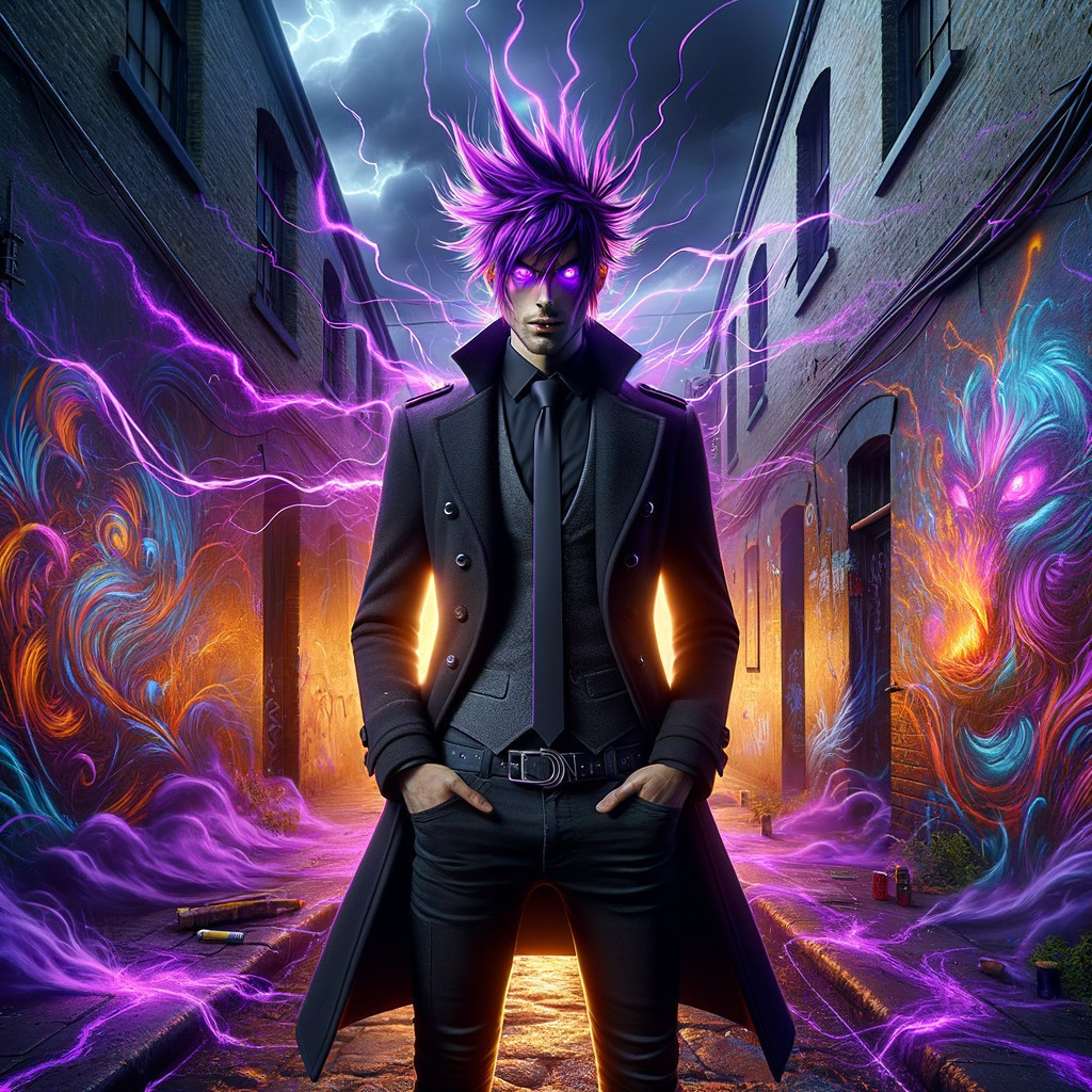 Mysterious Figure in Urban Alley with Colorful Energy