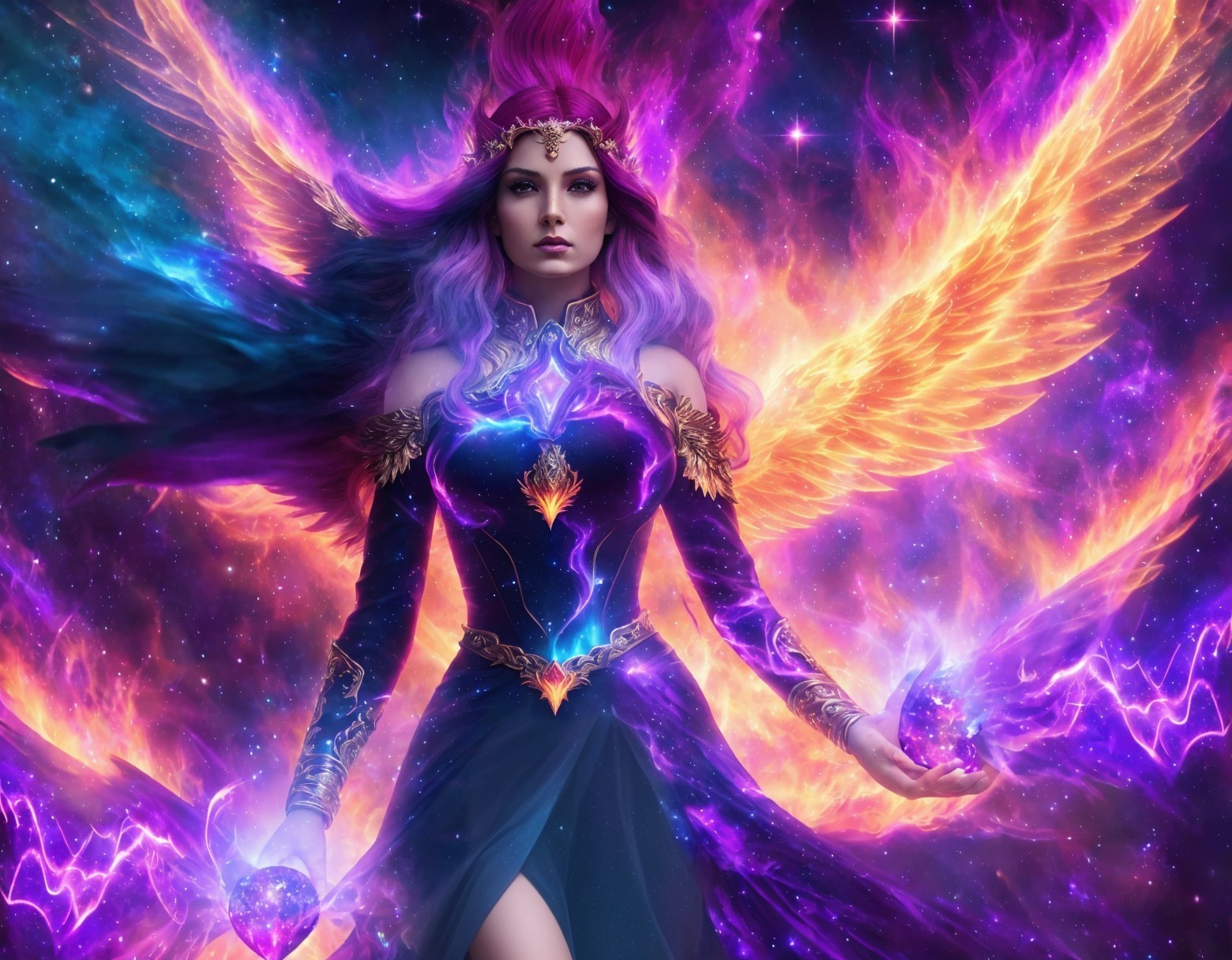 Cosmic Figure with Vibrant Attire and Majestic Wings