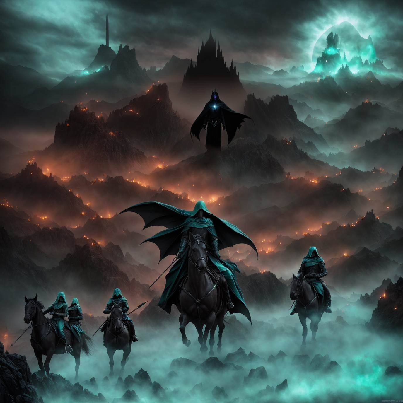 Eerie landscape with hooded riders, flying figure, and glowing moon
