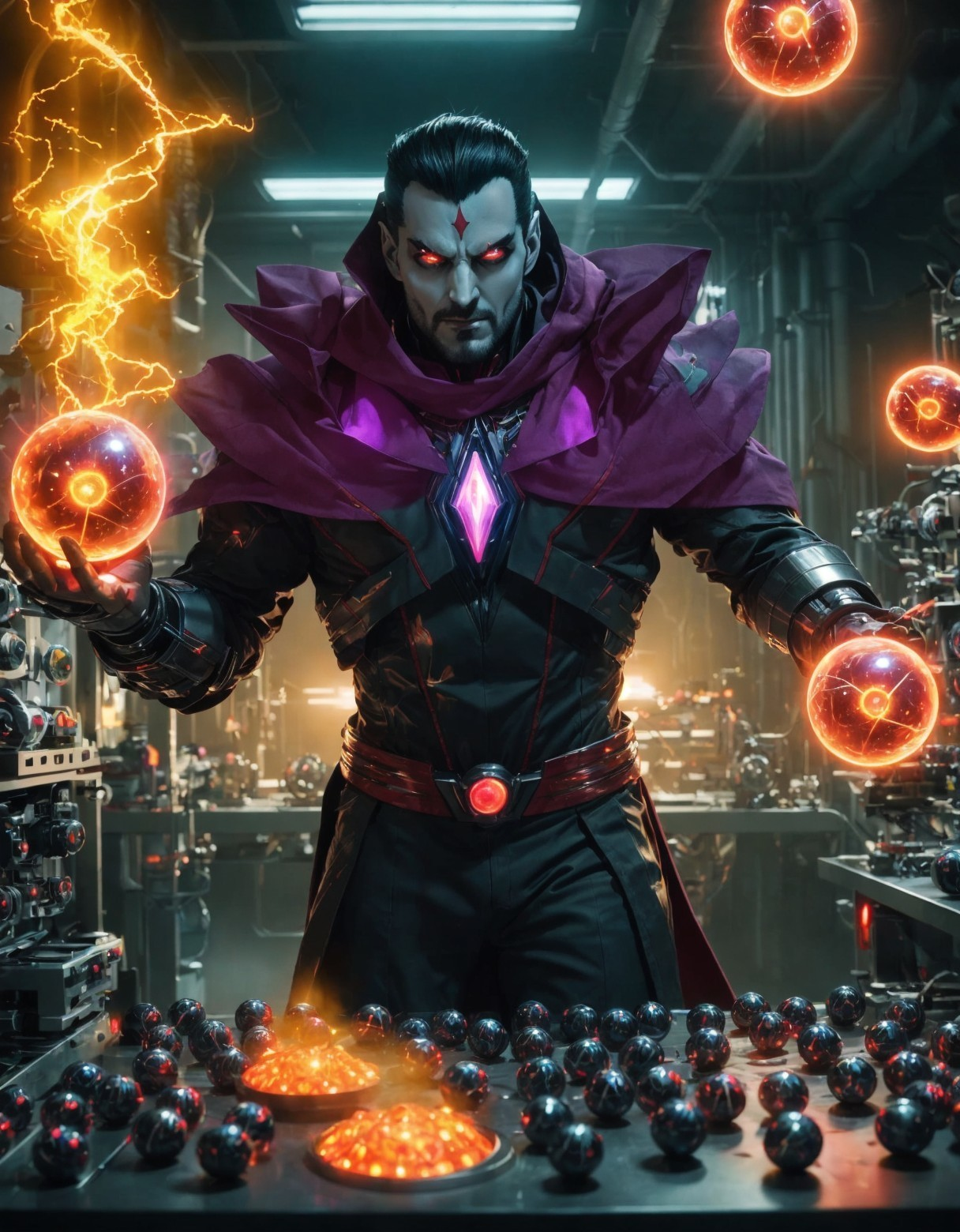 High-tech laboratory with a powerful figure channeling energy