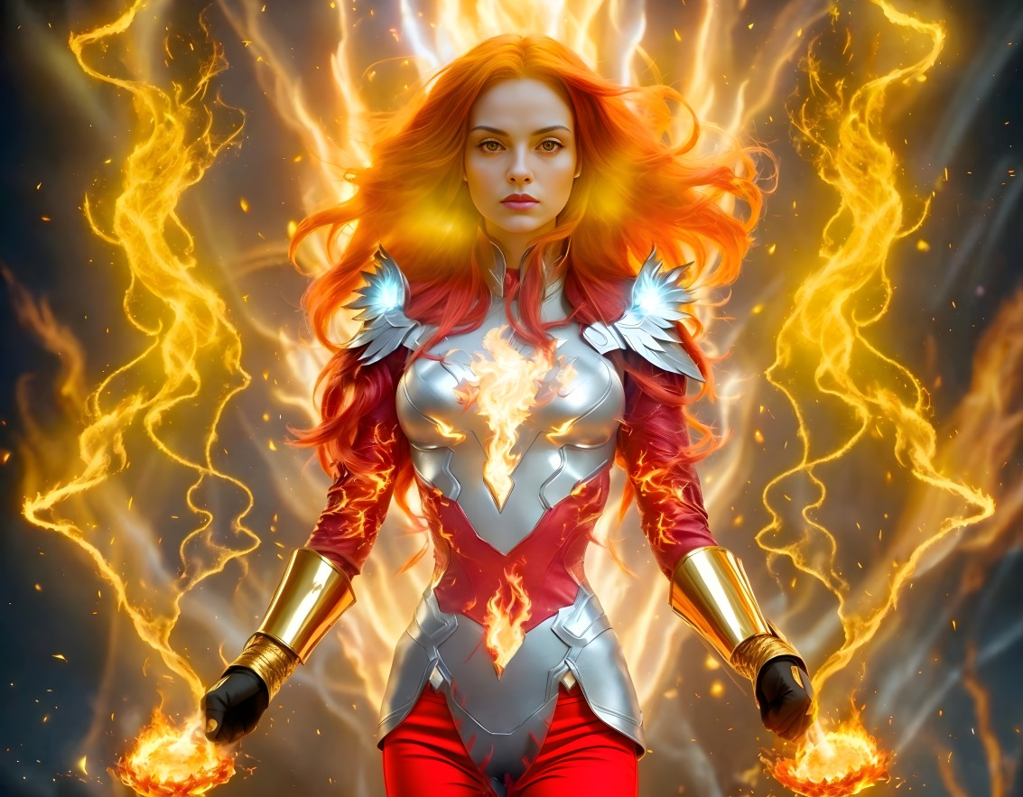 Fiery red-haired woman in battle costume with energy effects
