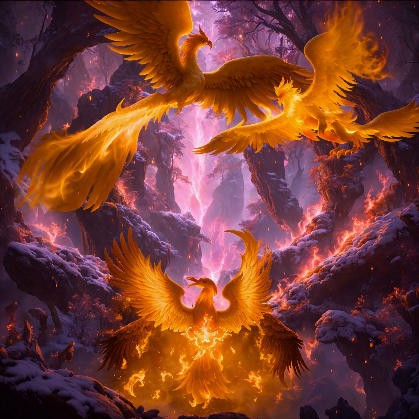 Phoenixes with fiery wings in a mystical forest