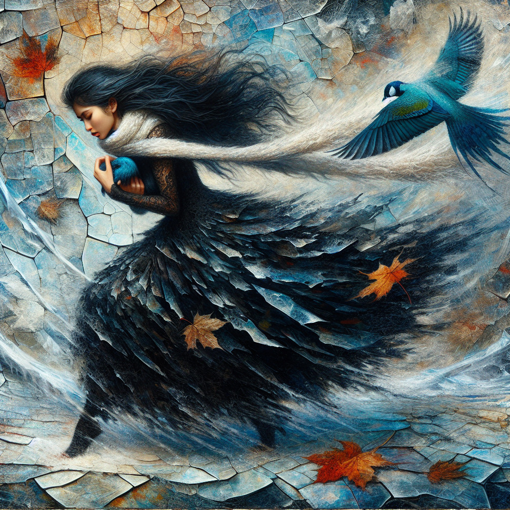 Mystical Figure in Feather Dress with Shimmering Orb