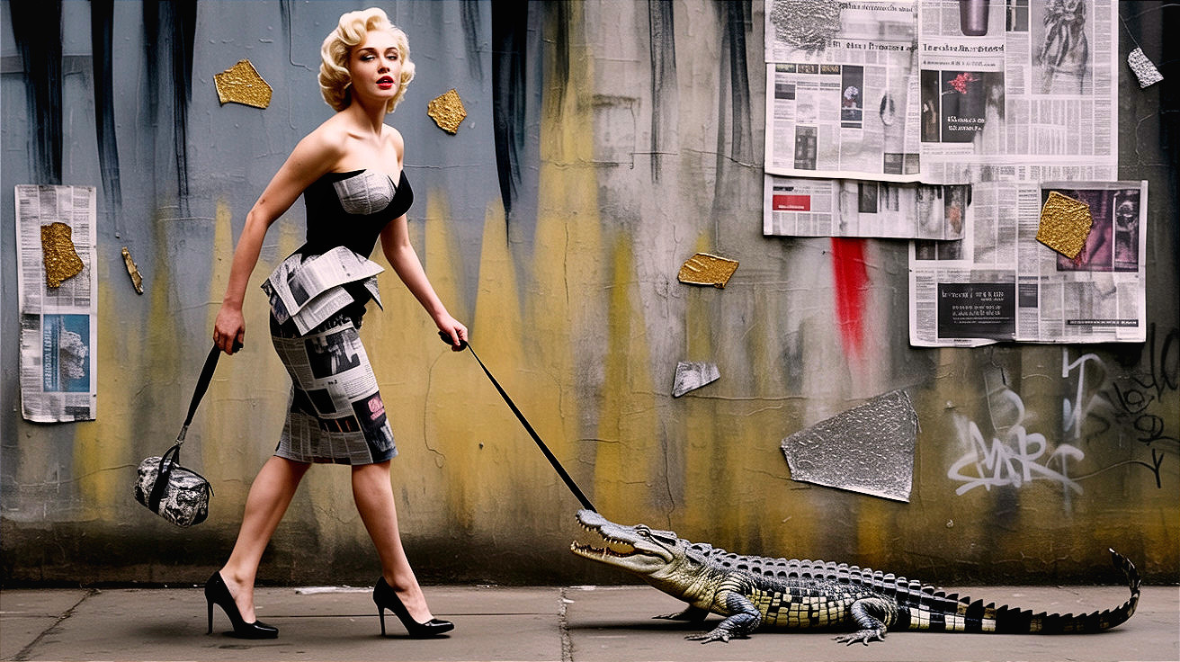 Glamorous Figure in Black and White Dress with Crocodile