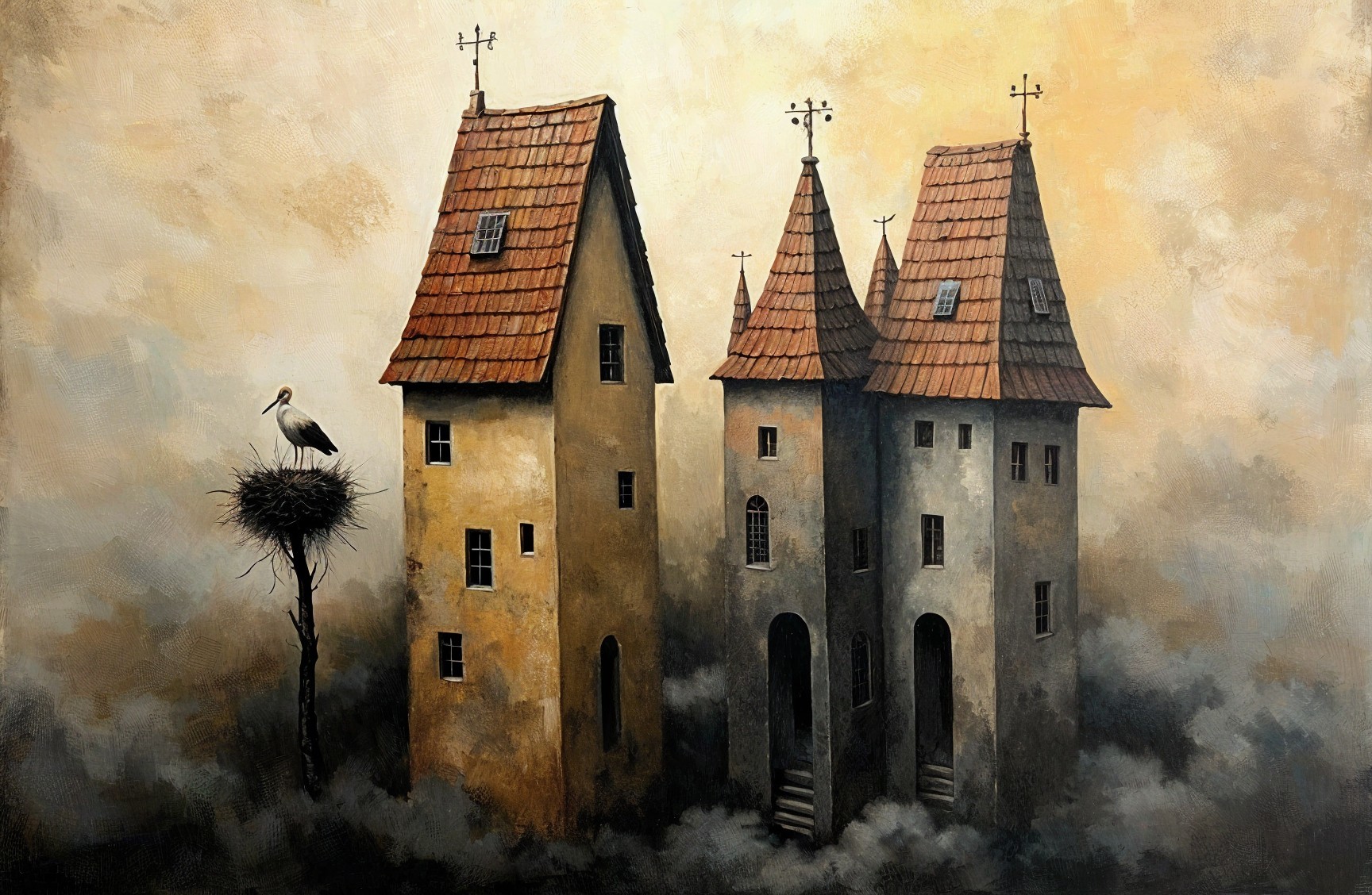 Whimsical Tall Houses in a Dreamlike Cloudy Setting