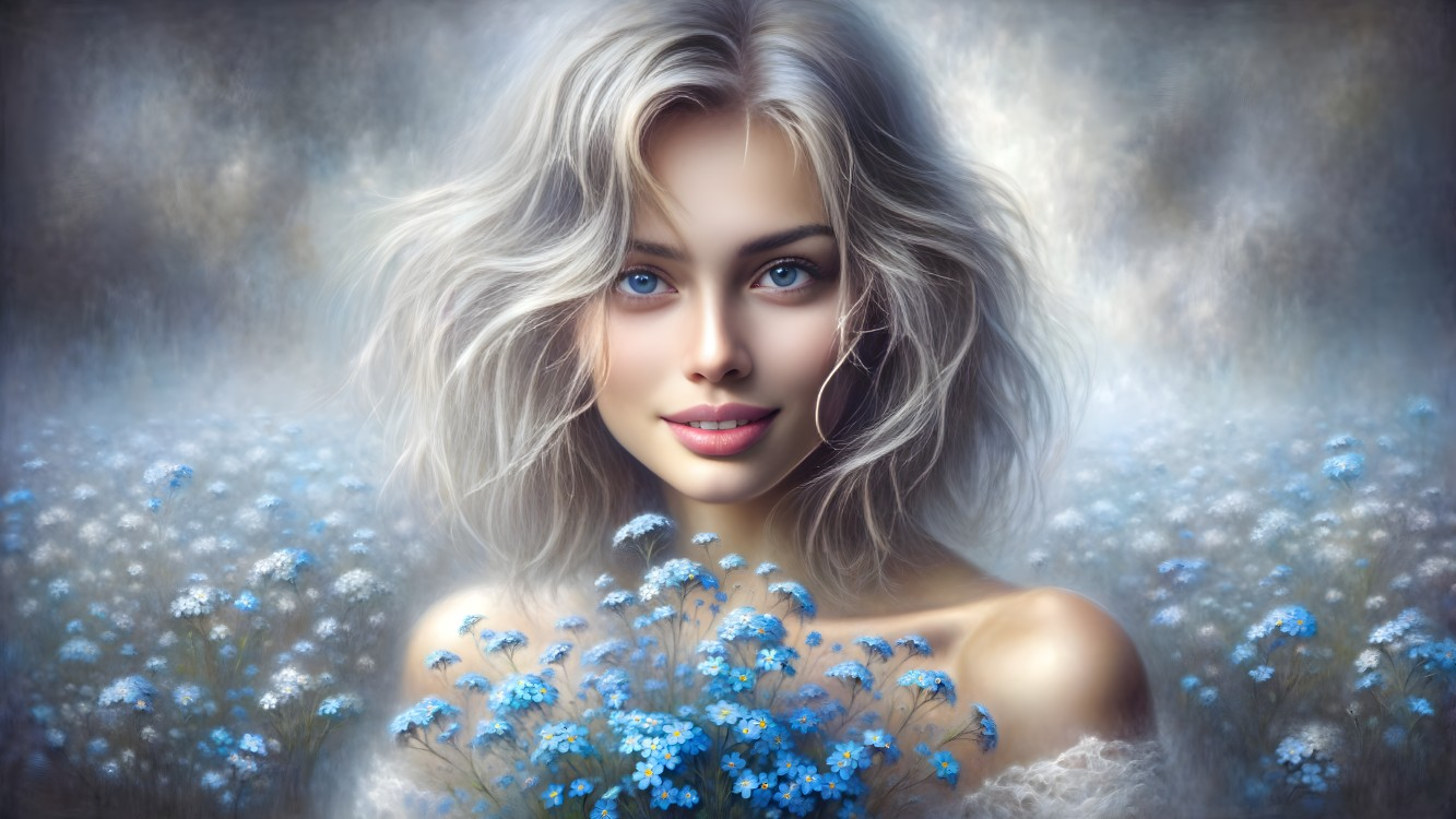 Serene portrait of a young woman in a dreamy landscape