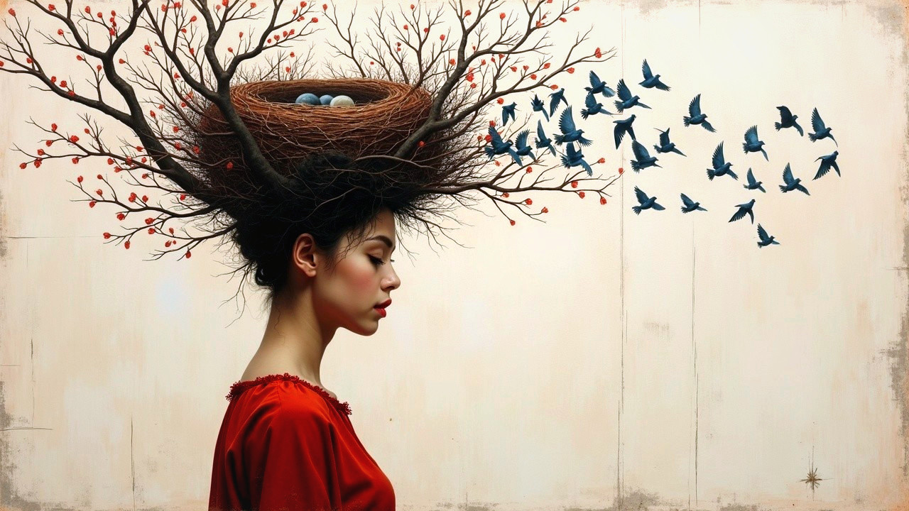 Woman with Nest Hairstyle and Blue Eggs in Profile