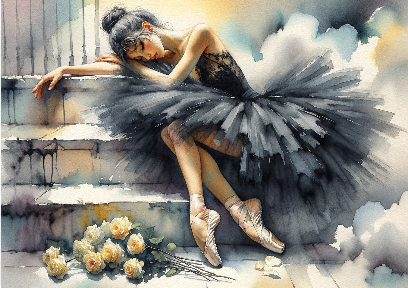 Ballerina in Black Tutu on Staircase with Roses