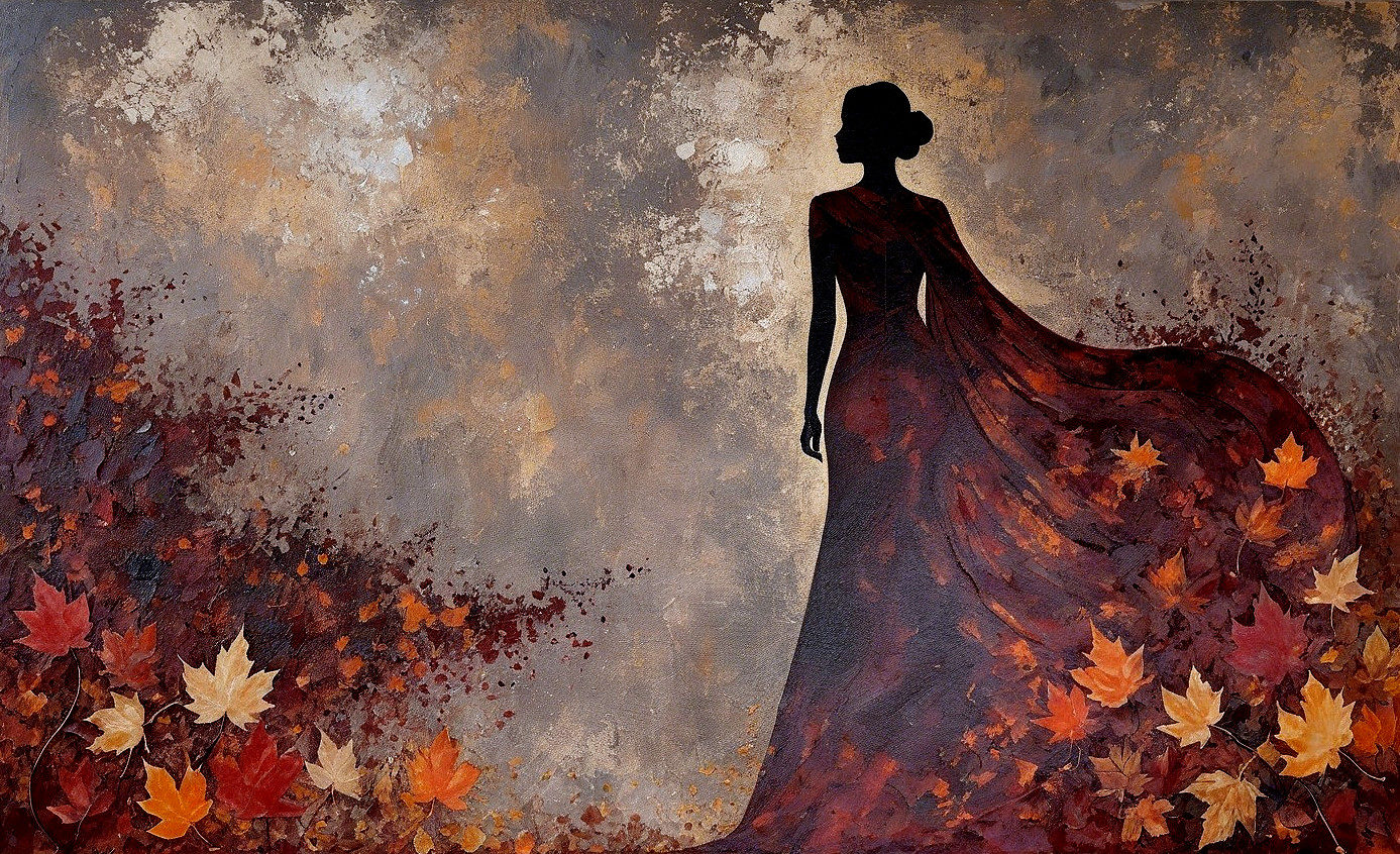 Silhouette of a Woman in an Elegant Gown with Autumn Leaves