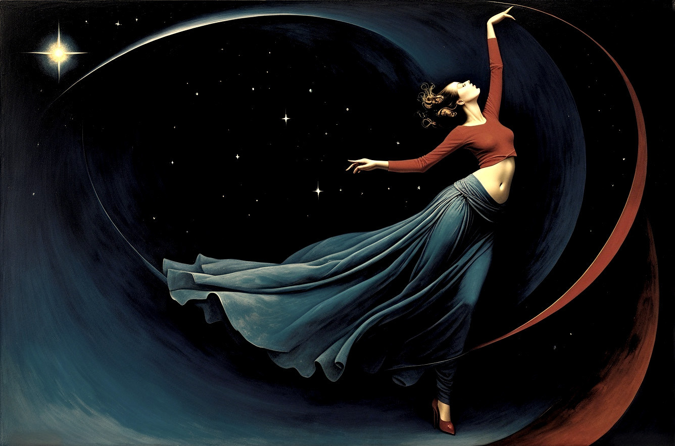 Elegant Dance of a Woman Against a Cosmic Background