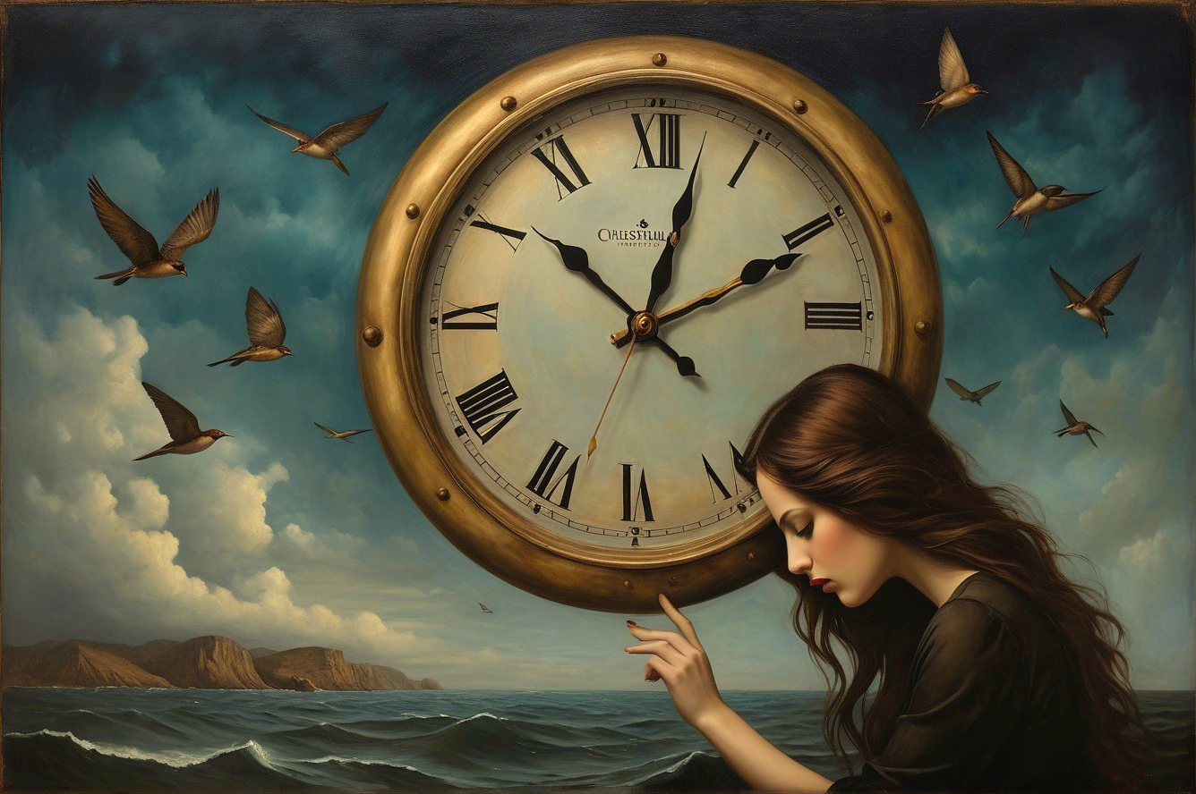 Serene Woman Interacting with Giant Clock and Birds