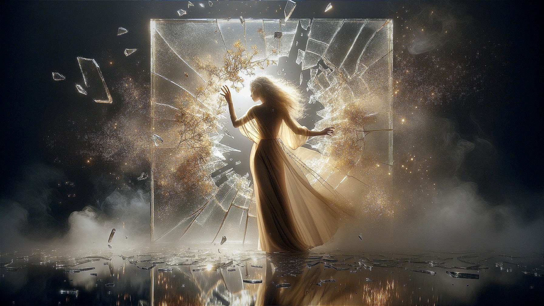 Mystical Scene with Figure and Shattered Glass Portal