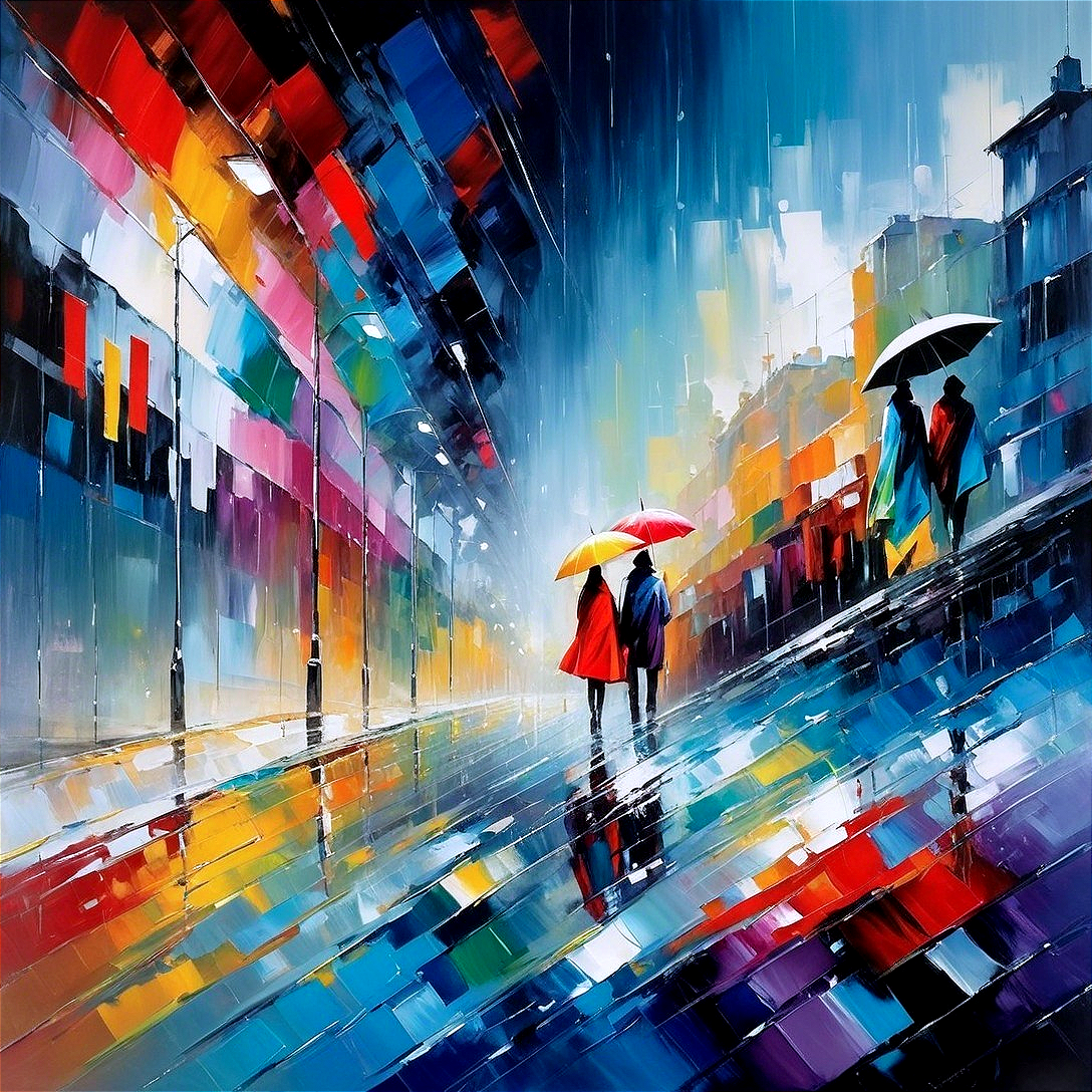 Vibrant Abstract Cityscape with Colorful Rain Reflections