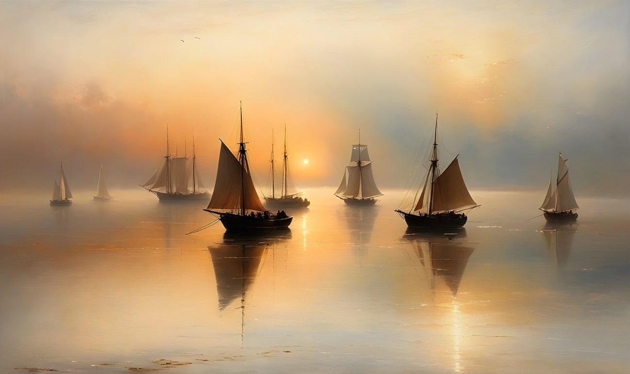 Sailboats on a Misty Waterway at Sunrise