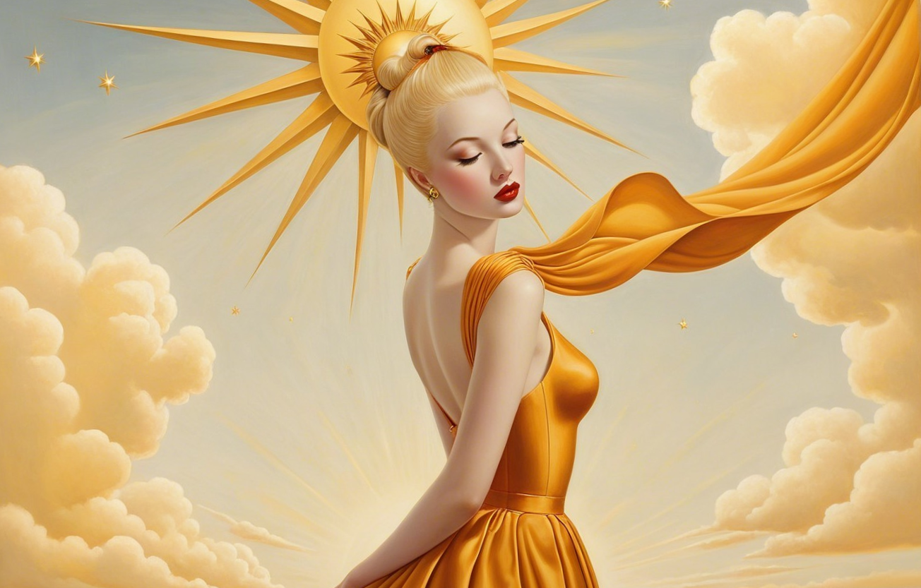 Woman in Golden Gown with Ethereal Sunlit Background
