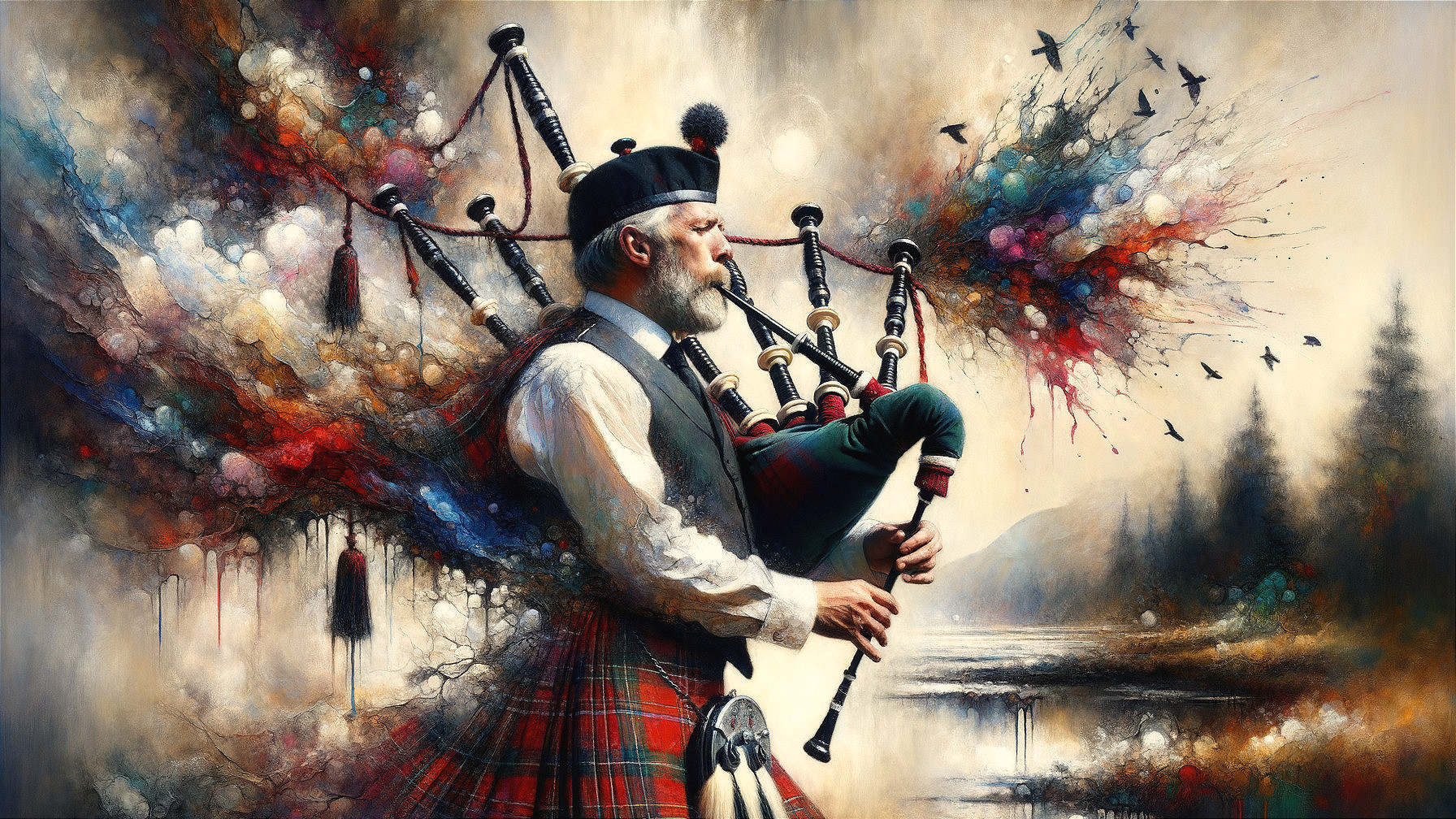 Scottish man in kilt playing bagpipes with abstract colors