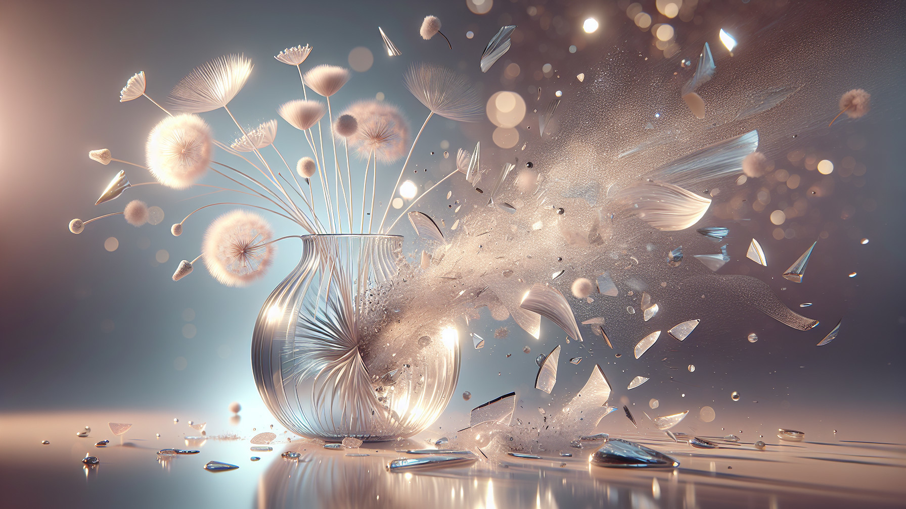 Delicate glass vase shatters with petals and light