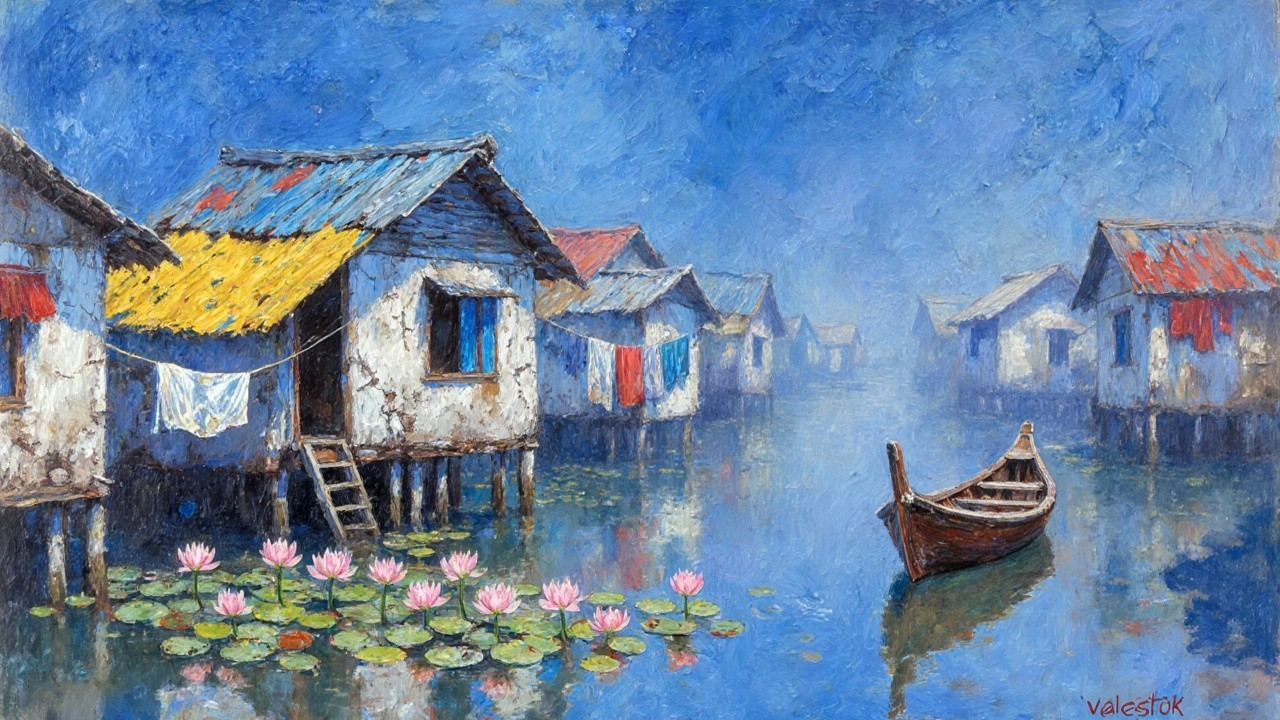 Charming Waterfront Scene with Wooden Houses and Lotus Flowers