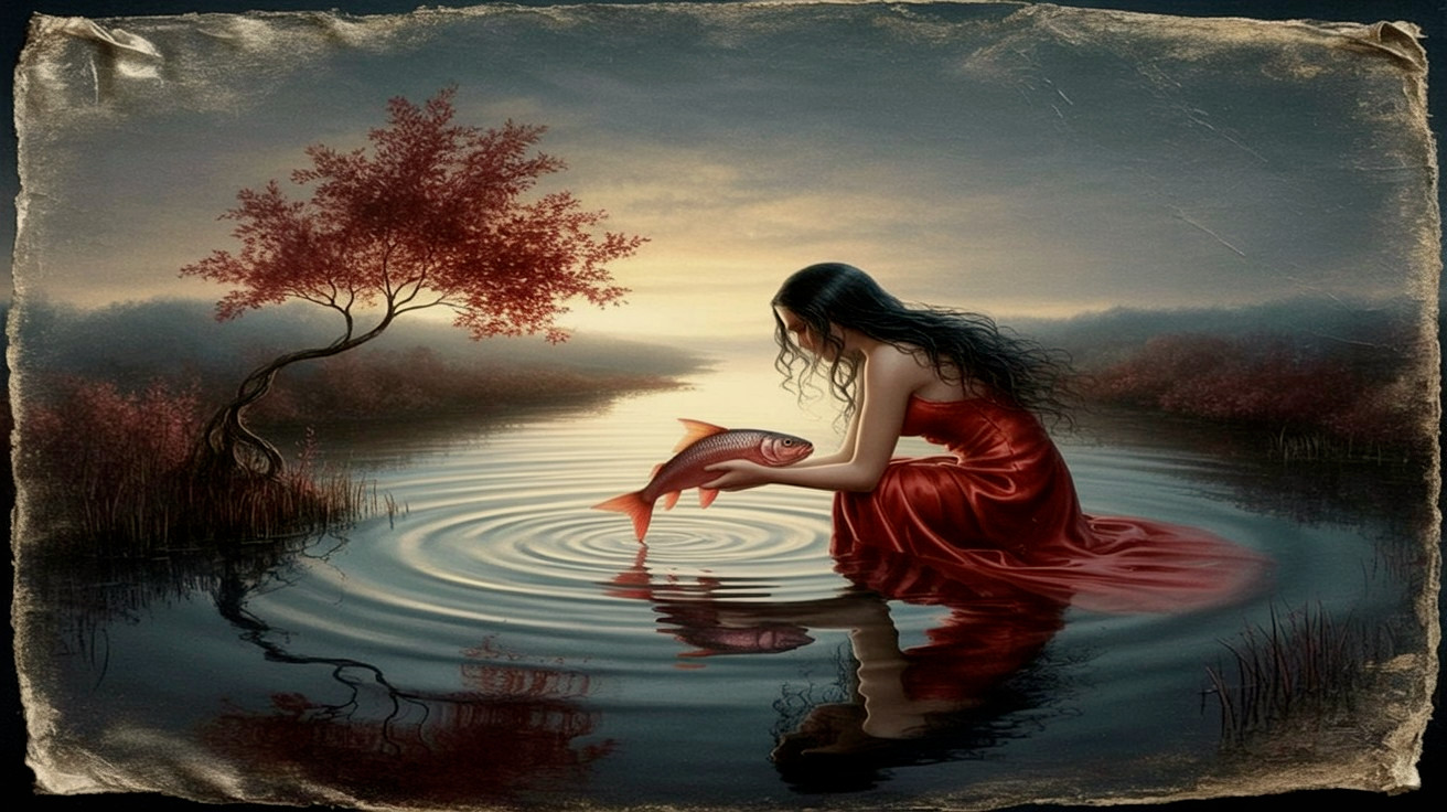 Young Woman in Red Dress by Tranquil Lake at Dawn
