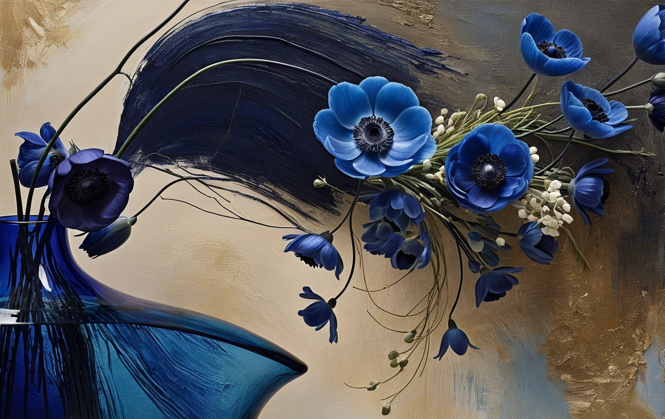 Deep Blue Glass Vase with Vibrant Floral Arrangement