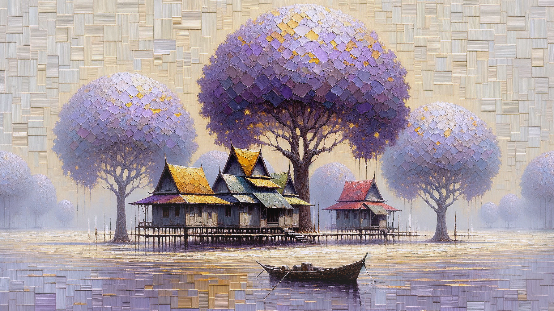 Whimsical Stilt Houses in a Dreamlike Landscape