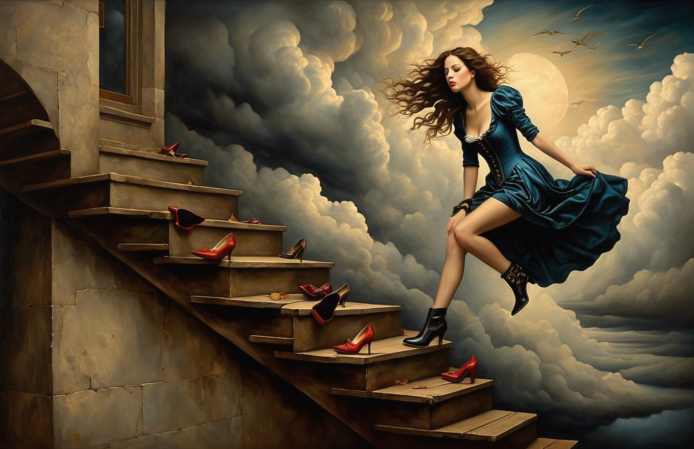 Woman in blue dress descends staircase under moonlight