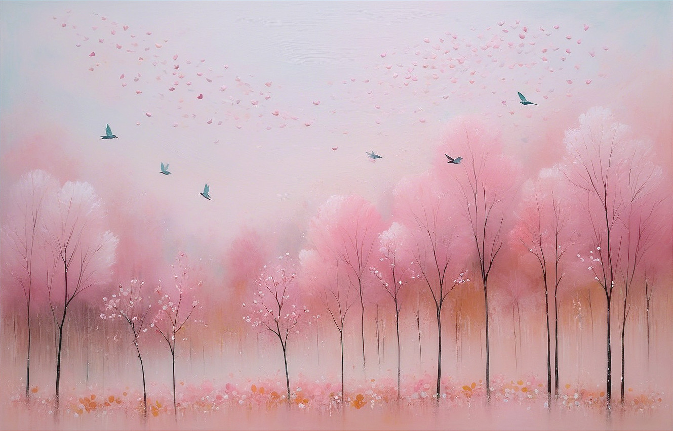 Tranquil Landscape with Pink Trees and Pastel Sky