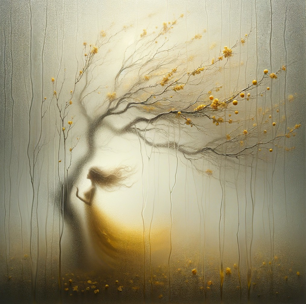 Dreamlike Scene with Wispy Figure and Barren Tree