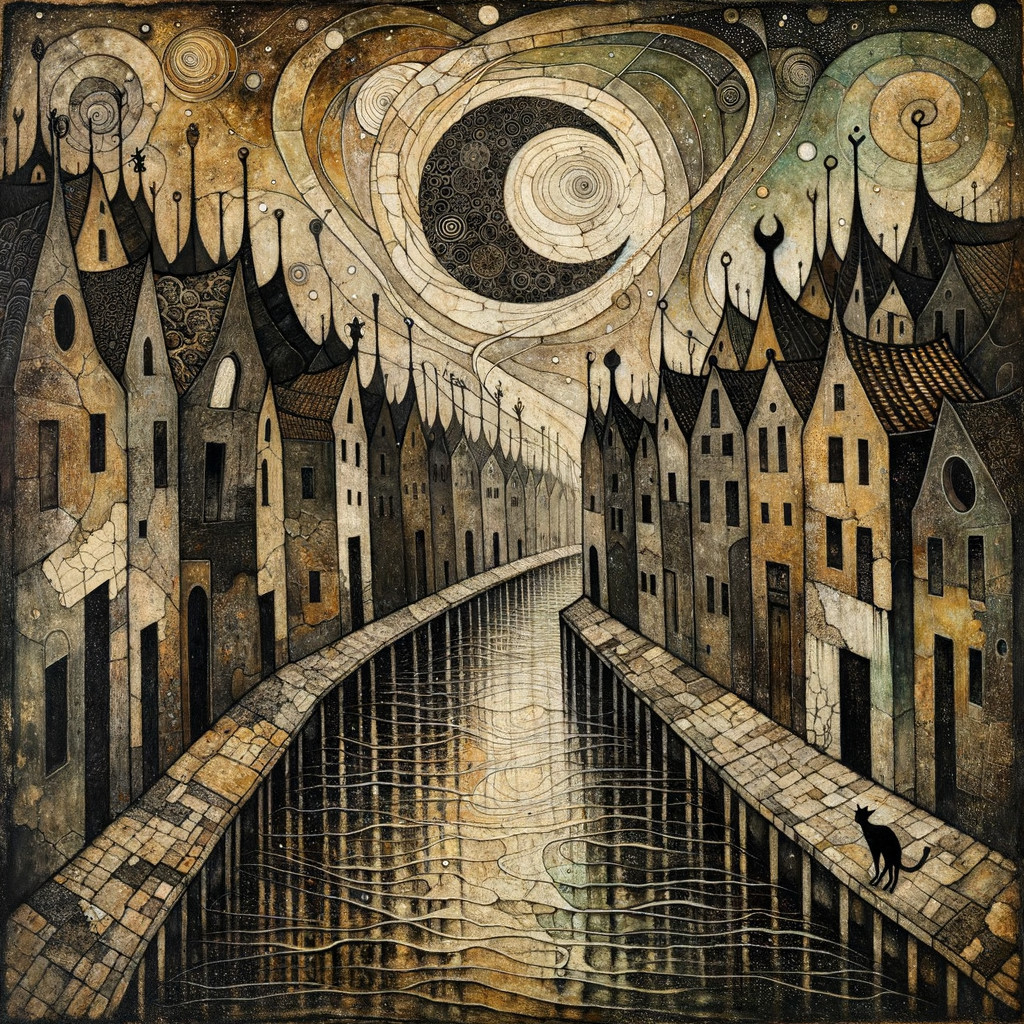 Whimsical Houses by a Serene Canal with Celestial Sky